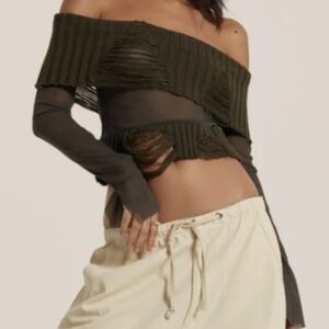 Jaded London Off Shoulder Mesh Knit Top in Khaki Green